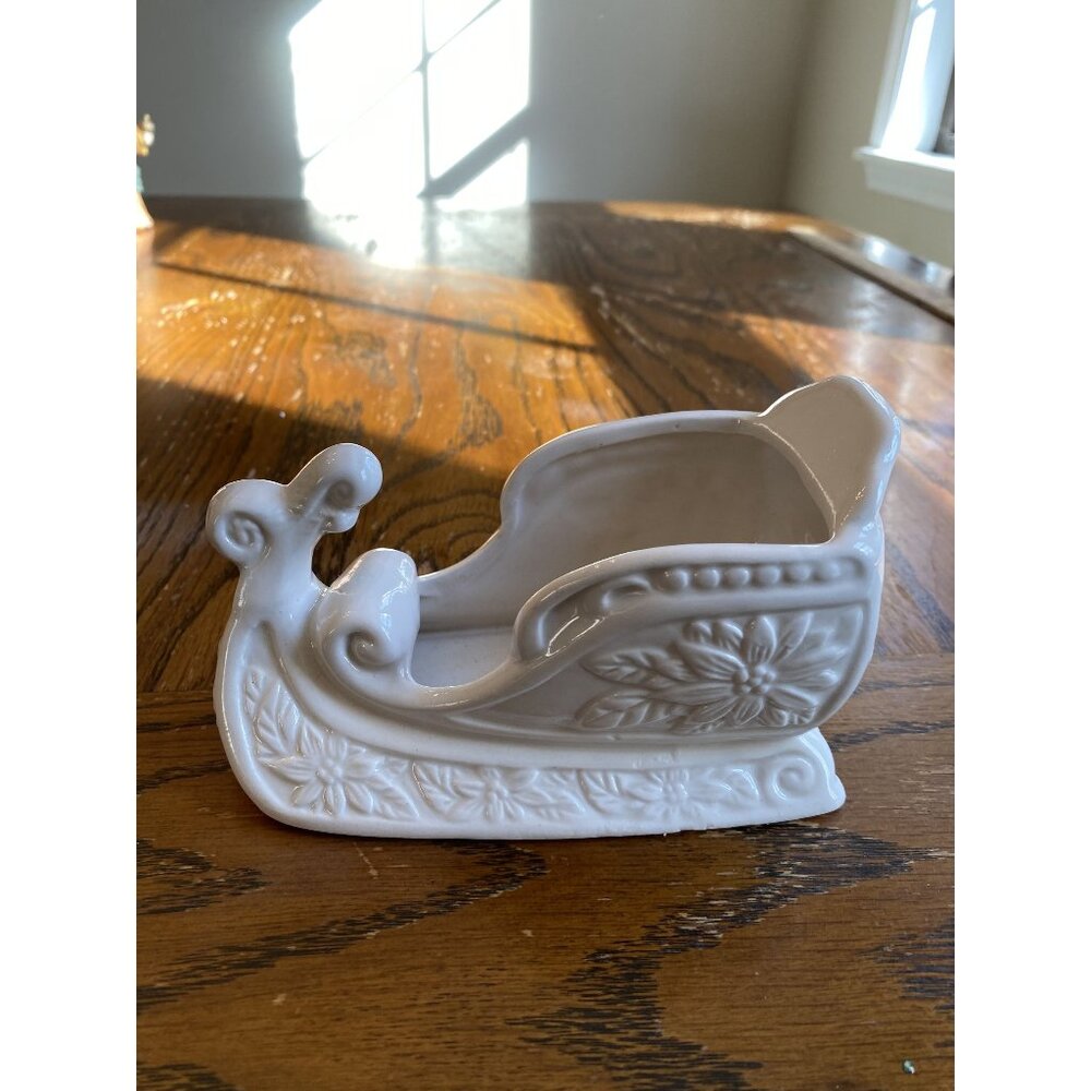 Vintage White Ceramic Sleigh Planter With Floral Design